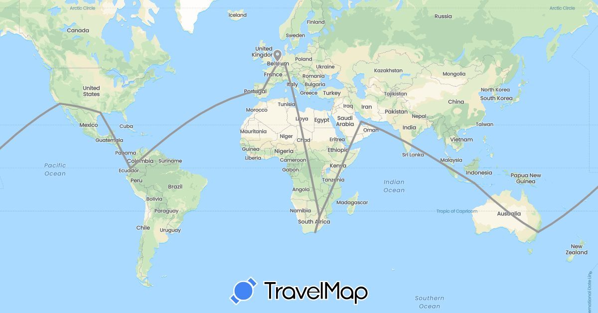 TravelMap itinerary: driving, plane in Australia, Belgium, Germany, Ecuador, Spain, Indonesia, Qatar, United States, South Africa (Africa, Asia, Europe, North America, Oceania, South America)